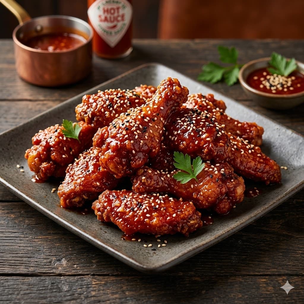 Crispy chicken hot wings glazed in spicy sauce with sesame seeds