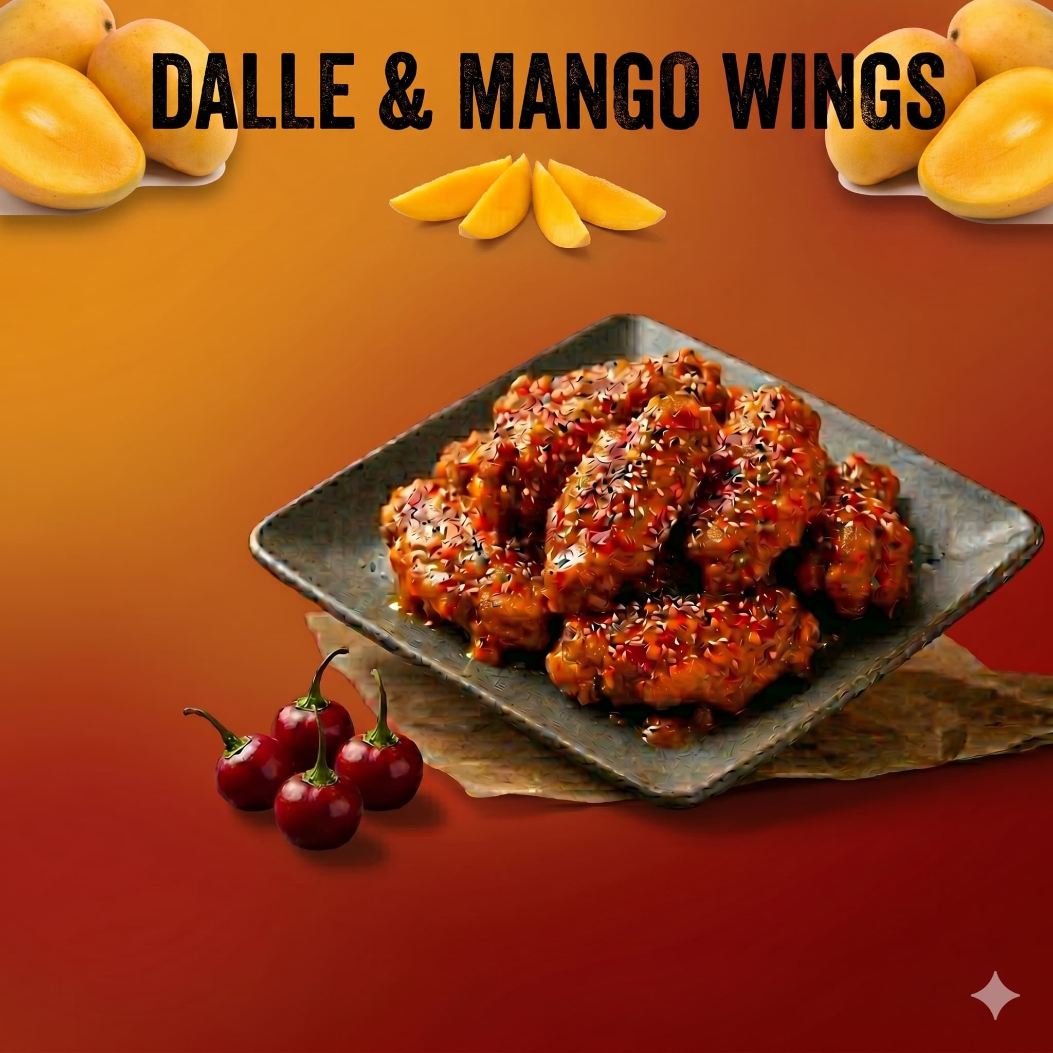 Crispy chicken wings glazed in a sticky yellow mango and fiery Dalle Khursani chili sauce served on a platter